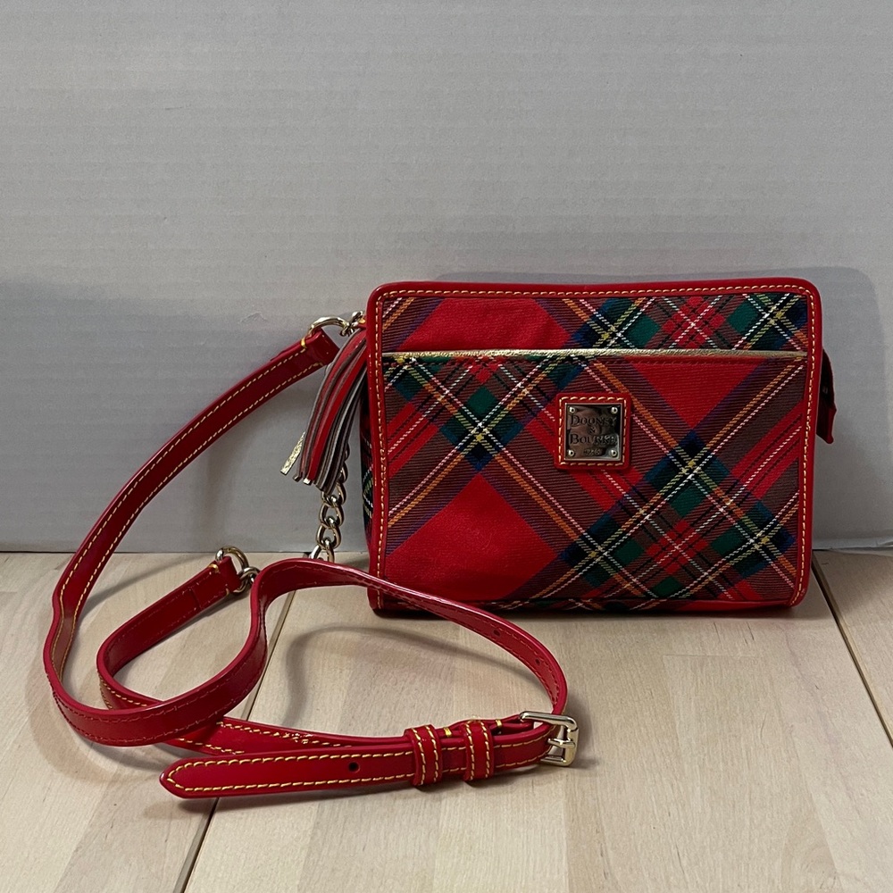 Dooney & Bourke Red Tartan Plaid w/ Gold Trim Kenzie Crossbody Clutch Purse Bag